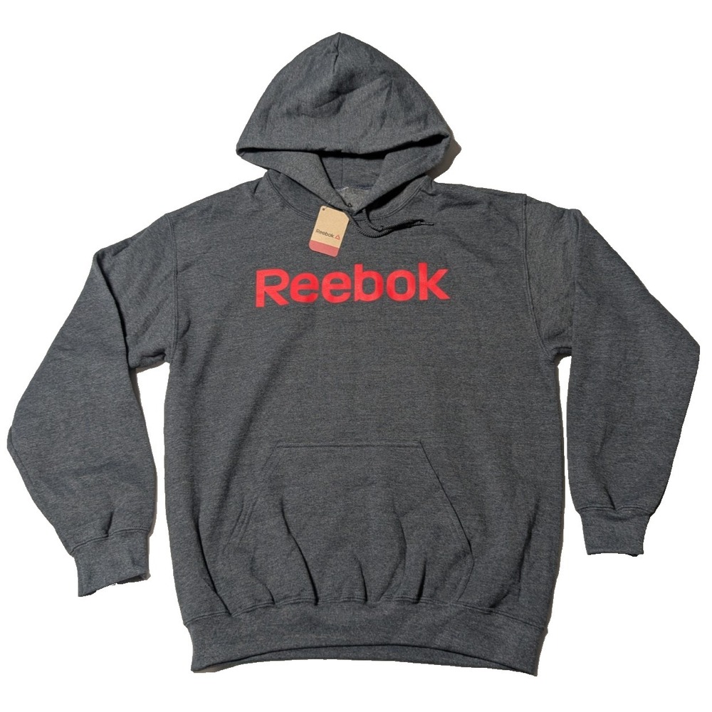 REEBOK Men Medium Heather Gray Fleece Cotton Blend Logo Pullover Hoodie NEW